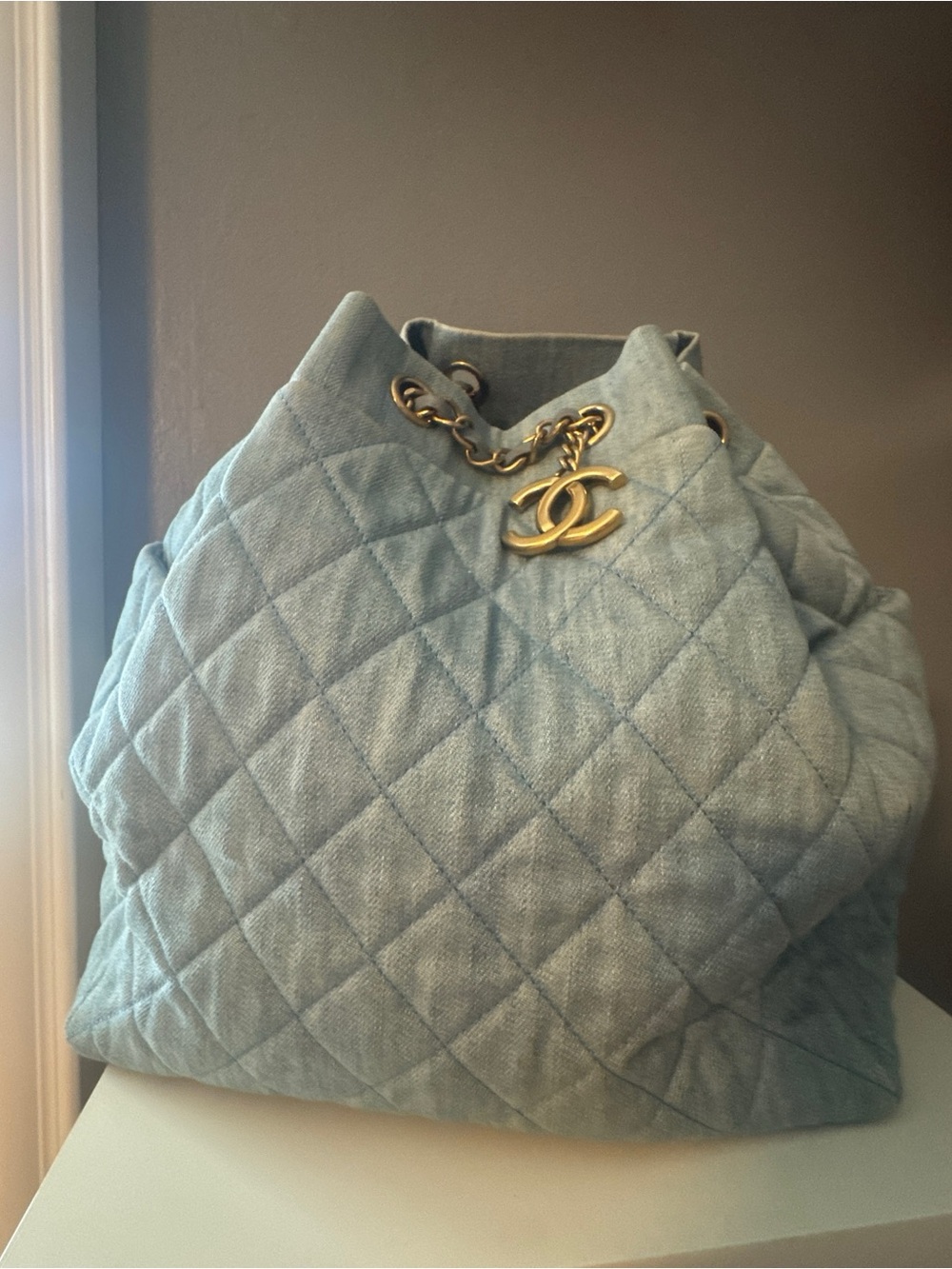 Chanel Light Blue Quilted Denim Drawstring Hobo Gold Hardware